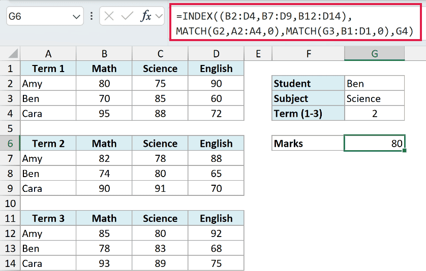 Excel formula bar showing a three-way INDEX-MATCH lookup across three data tables to return a student's marks