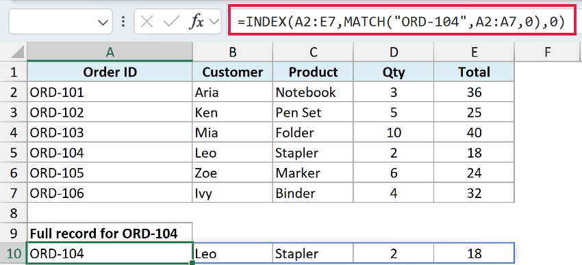 Excel formula using INDEX and MATCH to retrieve the full record for Order ID ORD-104 from a data table