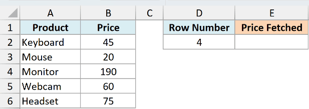Excel table showing a product list in columns A-B and a row number input in D2 for fetching a price in E2
