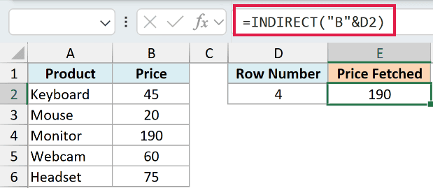 Excel formula bar showing =INDIRECT("B"&D2) to fetch the value 190 from cell B4 based on the row number 4 in cell D2