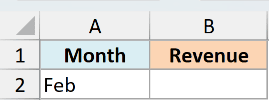 Excel dataset for INDIRECT example 05 showing Month in A1, Revenue in B1, and Feb in cell A2