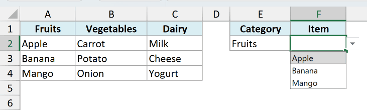 The dependent drop-down in F2 shows only Apple, Banana, and Mango when E2 is Fruits.