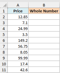 Excel spreadsheet showing a dataset with a Price column of decimal numbers and an empty Whole Number column for INT use