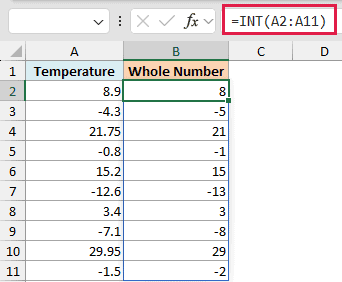 Excel formula =INT(A2:A11) applied to a column of positive and negative numbers, showing results rounded down