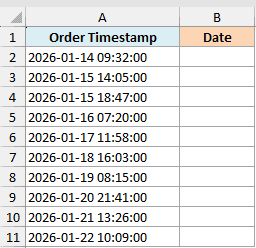 Excel dataset showing Order Timestamp in column A and an empty Date column B for INT function examples