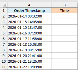 Excel spreadsheet showing a column of order timestamps and an empty column for time extraction