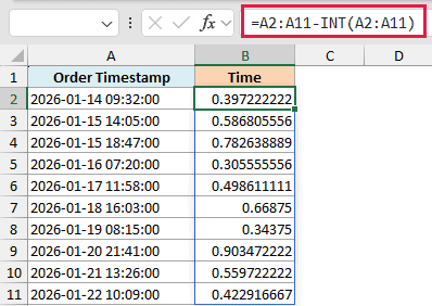 Excel formula =A2-INT(A2) in the formula bar, extracting time values from timestamps in column A to column B