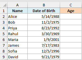 Excel dataset with columns for Name, Date of Birth, and an empty Age column to calculate using the INT function