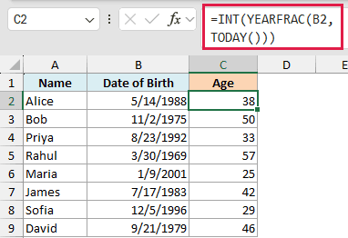 Excel formula bar showing INT and YEARFRAC functions to calculate age from a date of birth in a spreadsheet table