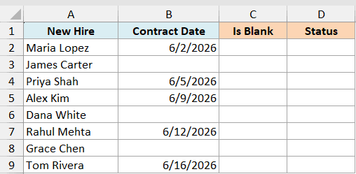 Excel table with columns for New Hire, Contract Date, Is Blank, and Status, showing mixed dates and empty cells