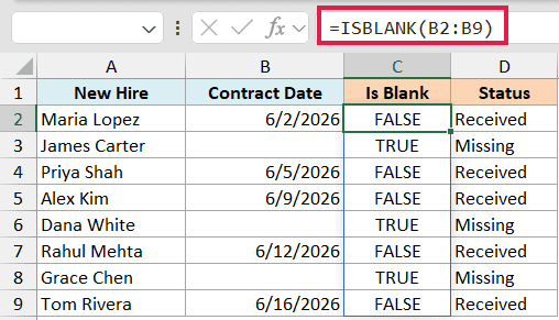 Excel formula bar showing =ISBLANK(B2:B9) with column C displaying TRUE or FALSE results for empty contract dates