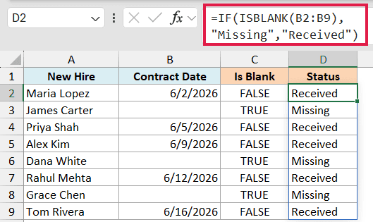 Excel formula =IF(ISBLANK(B2:B9), "Missing", "Received") highlighting status column for new hires