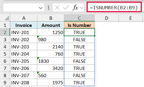 Excel formula bar showing =ISNUMBER(B2:B9) with column C displaying TRUE or FALSE results for values in column B