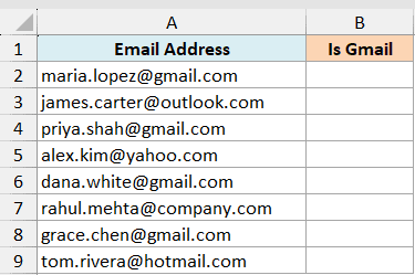 Excel data table with Email Address in column A and empty Is Gmail column B for testing IS functions