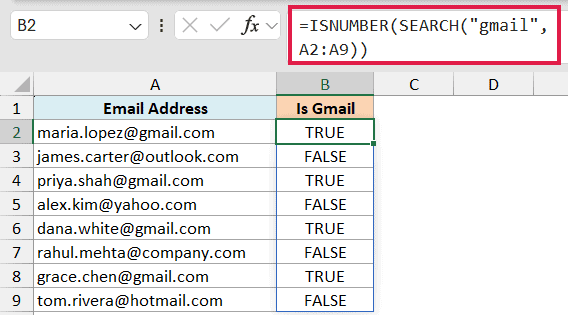 Excel formula =ISNUMBER(SEARCH("gmail", A2:A9)) in the formula bar, returning TRUE or FALSE for email addresses in column A
