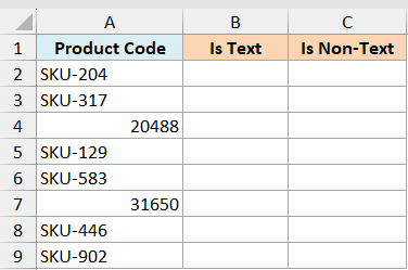Excel table with Product Code column containing mixed SKU text and numeric values to test ISTEXT and ISNONTEXT functions