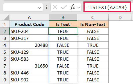 Excel formula bar showing ISTEXT function applied to column A, with results displayed in columns B and C