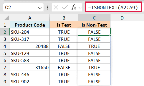 Excel formula bar showing ISNONTEXT(A2:A9) with results in column C identifying non-text values as TRUE