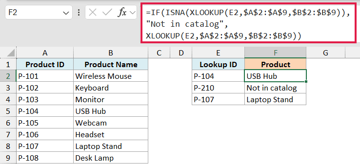 Excel formula bar showing IF and ISNA functions used with XLOOKUP to display Not in catalog for missing product IDs