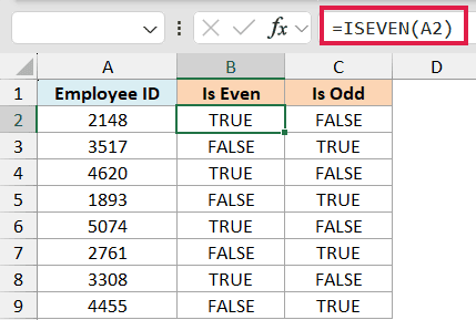 Excel formula bar showing =ISEVEN(A2) with column B displaying TRUE or FALSE results for employee IDs in column A