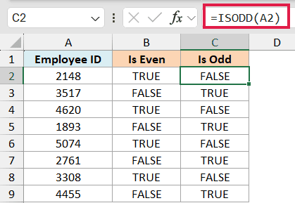 Excel formula bar showing =ISODD(A2) applied to a table of employee IDs to return TRUE or FALSE values in column C