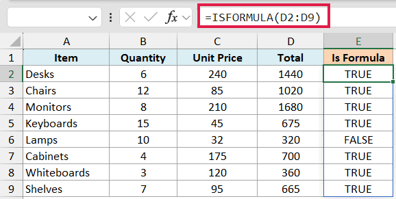 Excel formula bar showing =ISFORMULA(D2:D9) applied to a table column, returning TRUE or FALSE for each row
