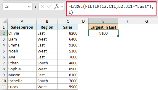 Excel formula using LARGE and FILTER to find the largest sales value for the East region in a data table