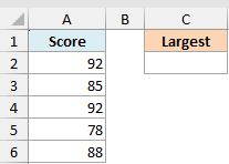 Excel dataset with scores in column A including duplicate 92 values, next to an empty Largest header in column C