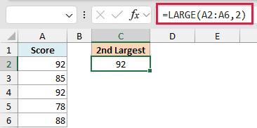 Excel formula =LARGE(A2:A6,2) returning 92, showing how LARGE handles duplicate values in a dataset