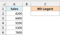 Excel dataset with 5 sales values and a header for 8th Largest, triggering a #NUM! error when using the LARGE function