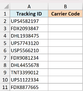 Excel dataset showing Tracking ID in column A and empty Carrier Code column B for various shipping carriers