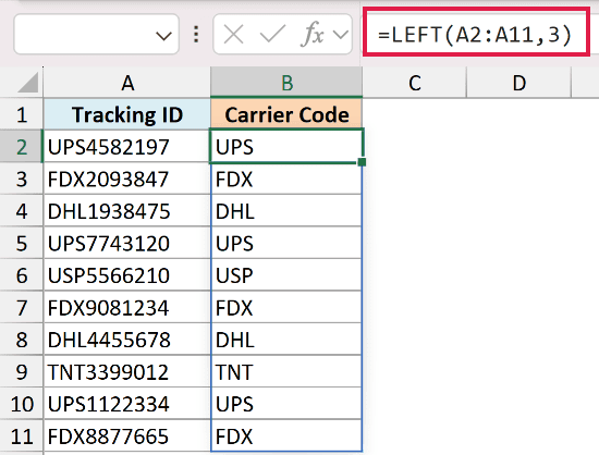 Excel formula =LEFT(A2:A11,3) extracting the first three characters from Tracking IDs into the Carrier Code column