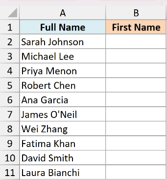 Excel spreadsheet showing a list of full names in column A and an empty column B for first names