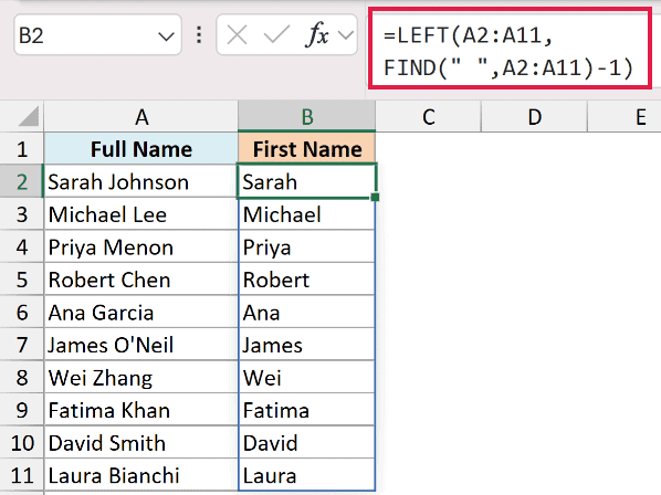 Excel formula using LEFT and FIND functions to extract text before a space from a list of full names