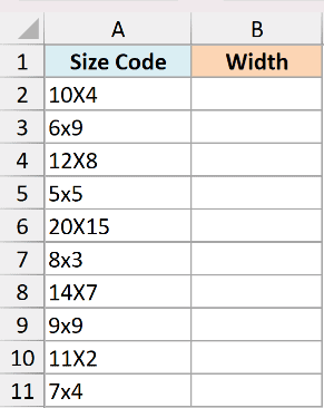 Excel dataset with Size Code in column A and empty Width column B, containing various alphanumeric size strings