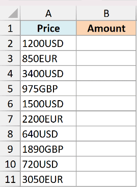 Excel table showing column A with Price data like 1200USD and column B labeled Amount as empty for LEFT function use