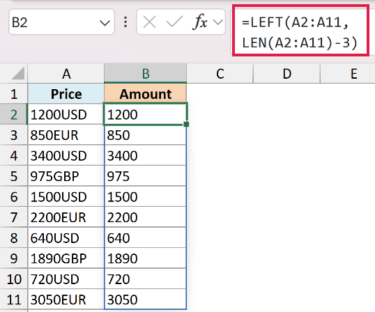 Excel formula using LEFT and LEN to chop currency codes from column A and return numeric values in column B