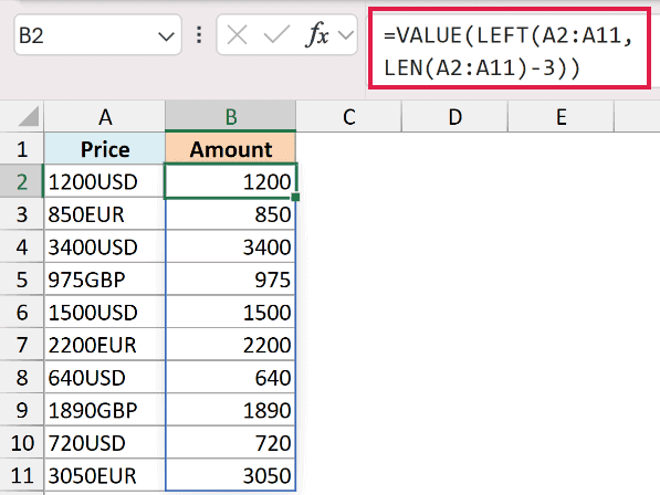 Excel formula using VALUE and LEFT functions to extract numeric values from currency strings in column B