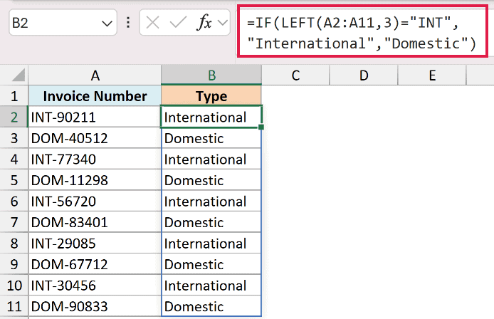 Excel formula using IF and LEFT functions to categorize invoice numbers by prefix as International or Domestic