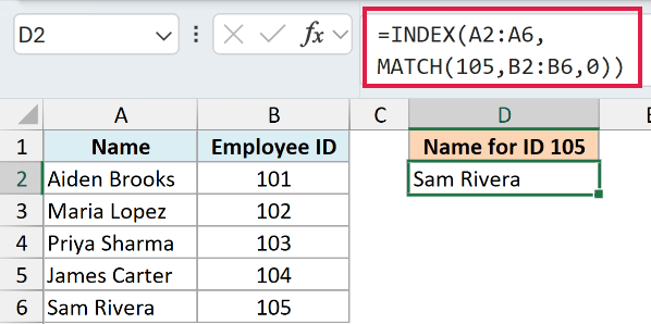 INDEX MATCH finding employee ID 105 in column B and returning the name Sam Rivera from column A