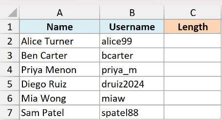 Excel table with columns for Name, Username, and Length, showing a list of names and their corresponding usernames