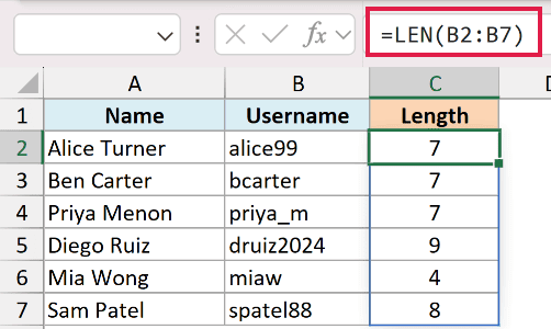 Excel formula bar showing =LEN(B2:B7) to count characters in a column of usernames, with results displayed in column C