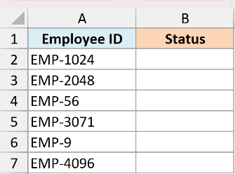 Excel sheet showing Employee ID column with mixed-length codes and an empty Status column for LEN function testing
