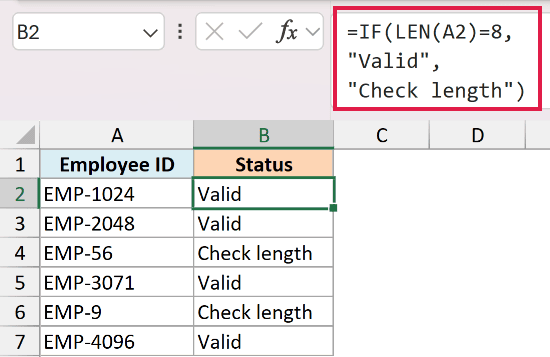 Excel formula using LEN to check if an Employee ID is 8 characters long, returning Valid or Check length as the status