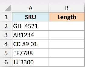Excel table with SKU column A containing alphanumeric codes and empty Length column B for LEN function calculations