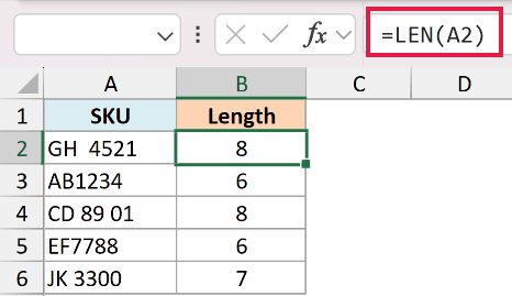 Excel formula bar showing =LEN(A2) to count characters in cell A2, with results displayed in column B
