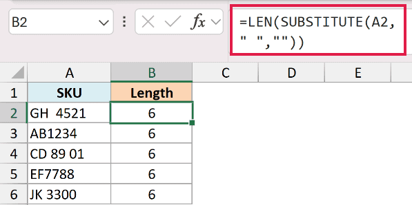 Excel formula =LEN(SUBSTITUTE(A2," ","")) in the formula bar calculating character count excluding spaces for SKU list