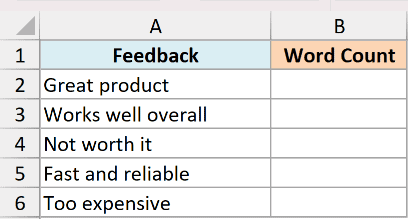 Excel table showing a Feedback column with text entries and an empty Word Count column for LEN function analysis