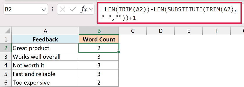 Excel formula using LEN, TRIM, and SUBSTITUTE to calculate word count in cell B2 based on text in column A