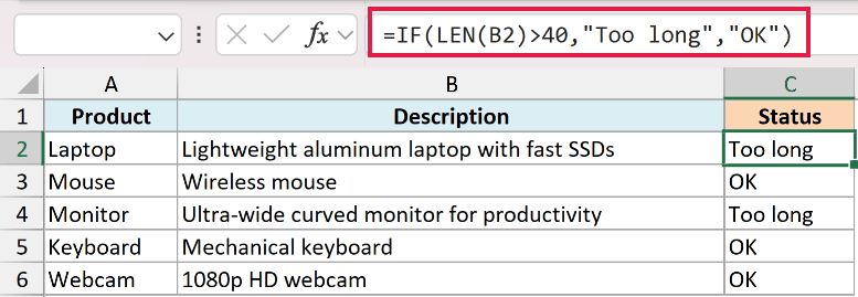 Excel formula =IF(LEN(B2)>40,"Too long","OK") used in column C to flag product descriptions exceeding 40 characters